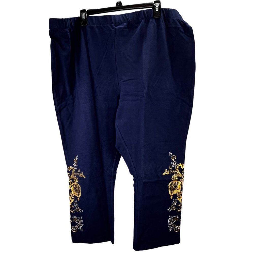 Roamans Ankle Pants Pull On Embellished Elastic Plus 4X 34/36 Gold Floral NWOT